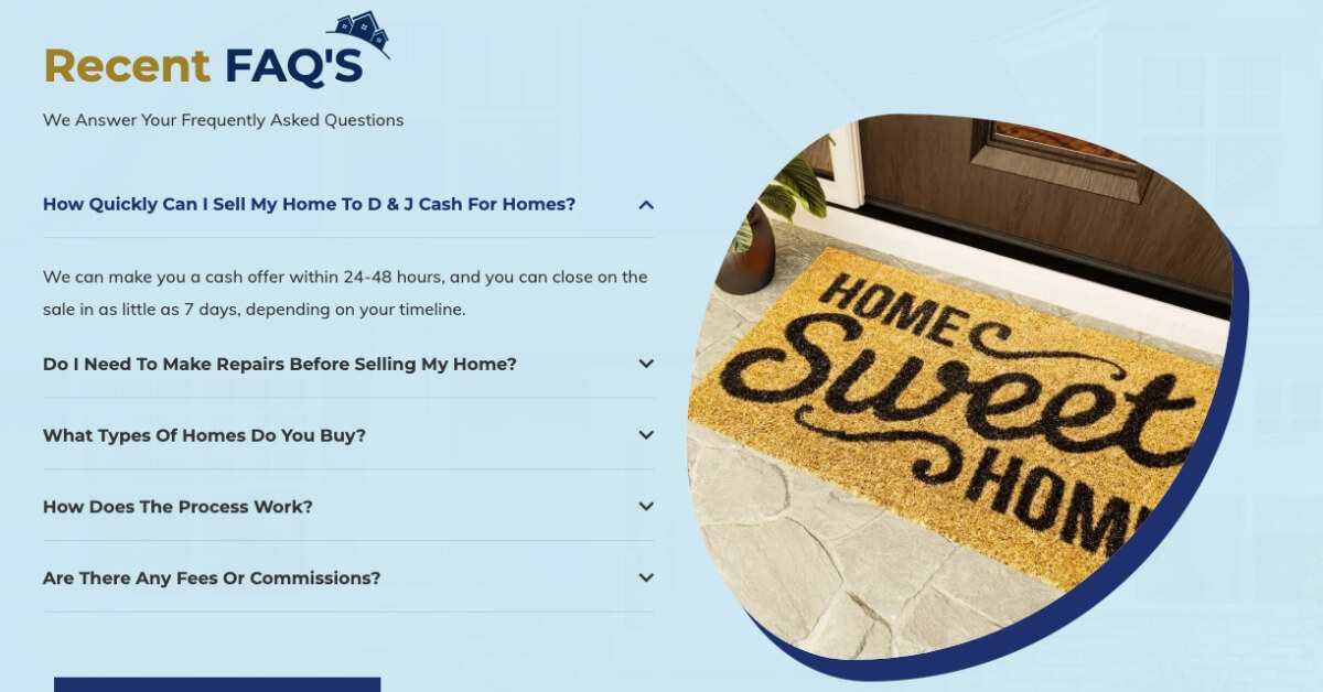 FAQs Screenshot of D & J Cash for Homes