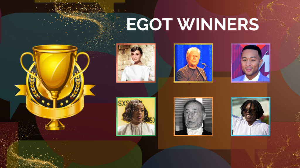 EGOT Winners featuring Alan Menken, John Legend, Viola Davis, Mel Brooks, and Whoppi Goldbert