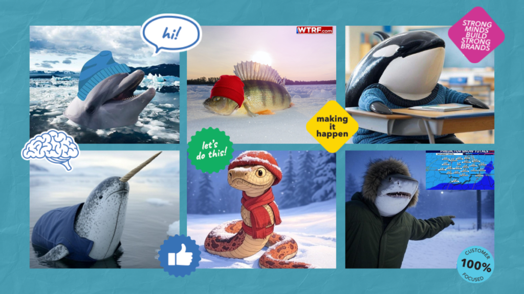 John Lynch's WTRF Weather creature creations - including Delay Dolphin, Snow Fish, Orca, Narwhal, Snake, and Tiger Shark
