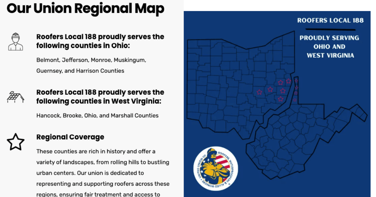 Roofers Local 188 website screenshot of regional map